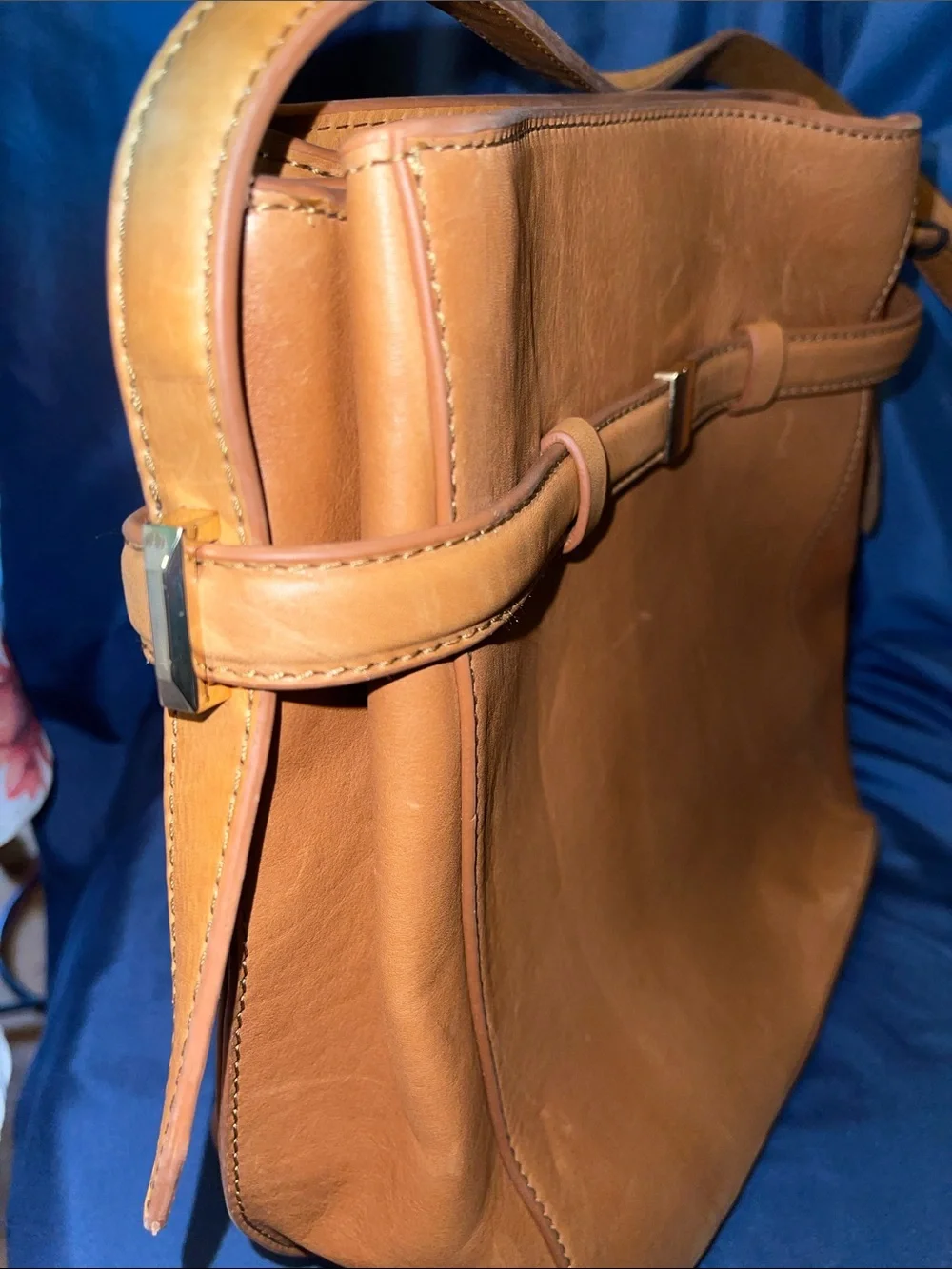 Margot New York - Leather Tan Belted Bucket Bag with Gold Hardware